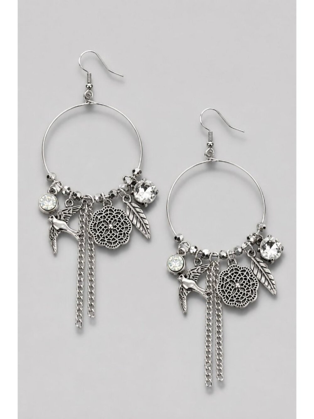 Paparazzi Silver Bird Feather Charm Hoop Earrings Rhinestone Boho Dangle NWT